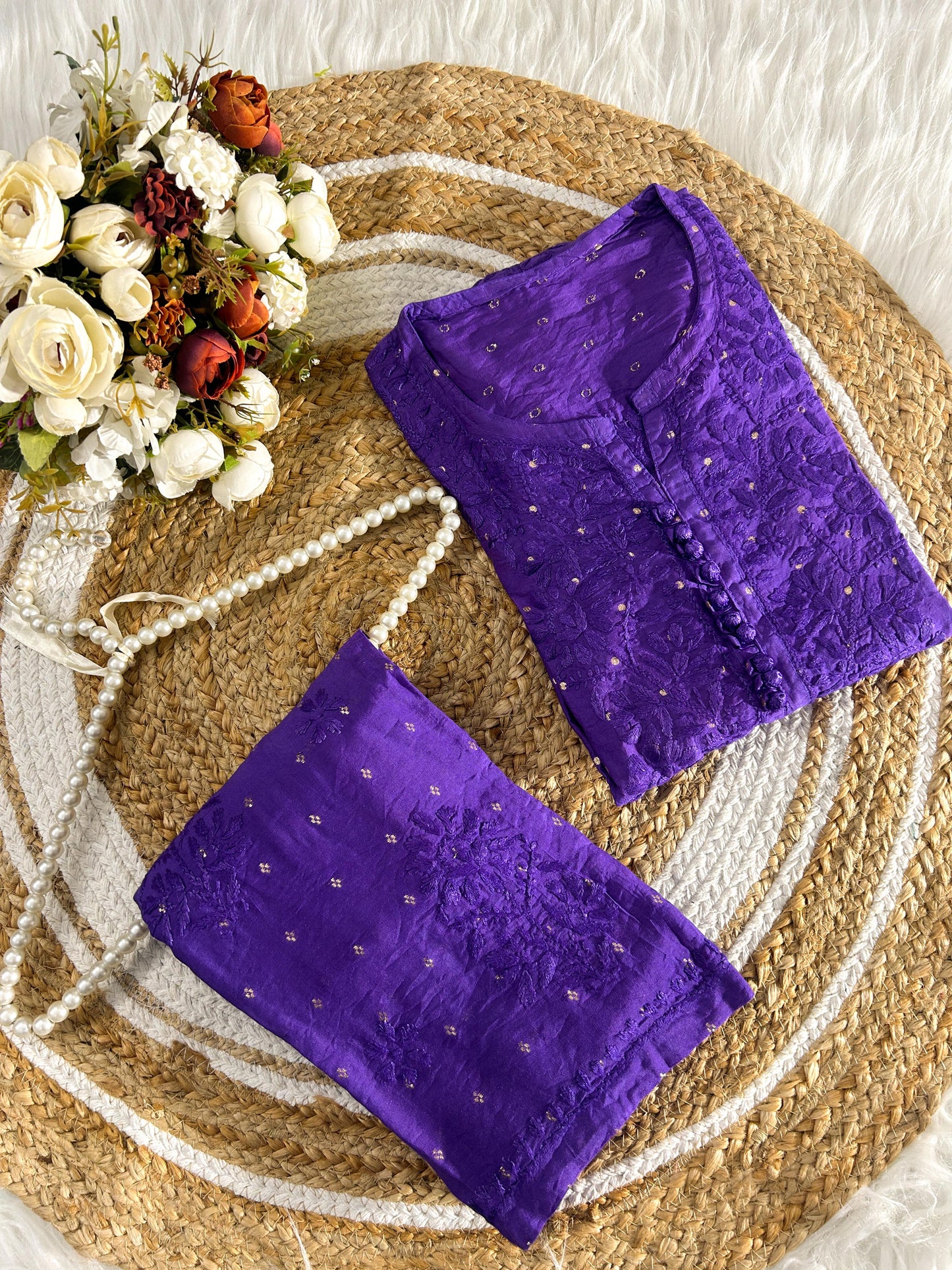 Purple Handcrafted Chikankari Chanderi Silk Co-ord Set
