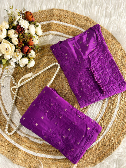 Rich Purple Handcrafted Chikankari Chanderi Silk Co-ord Set