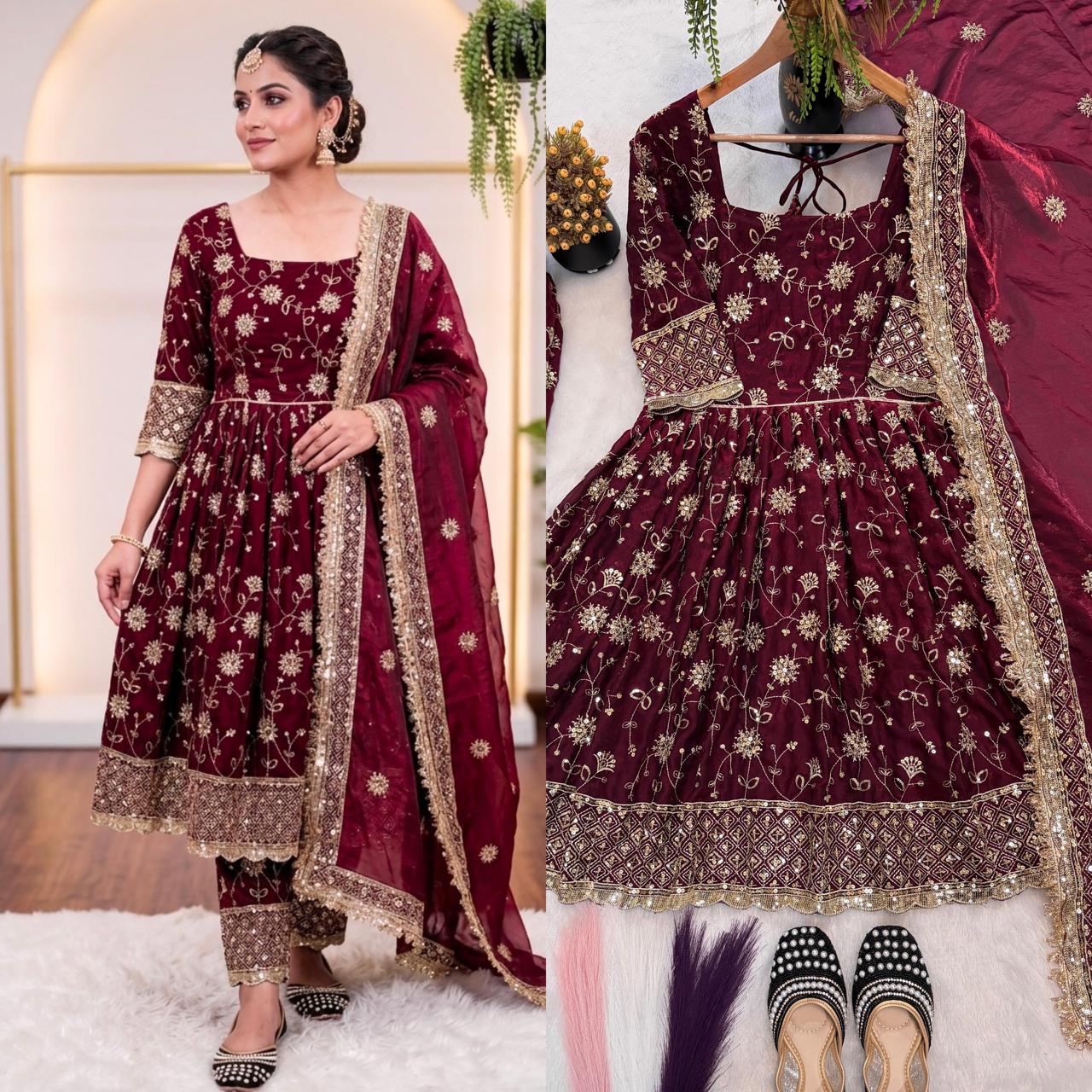 Maroon Designer Party Wear Gown, Pant and Dupatta Set