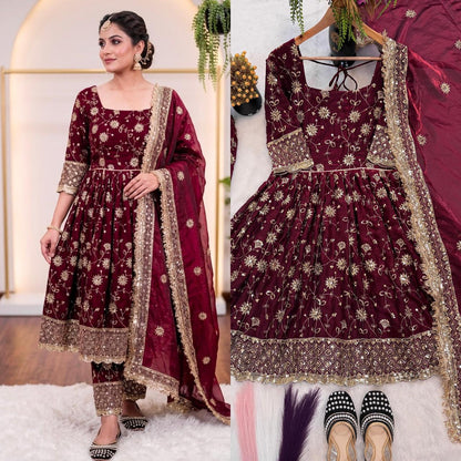Maroon Designer Party Wear Gown, Pant and Dupatta Set