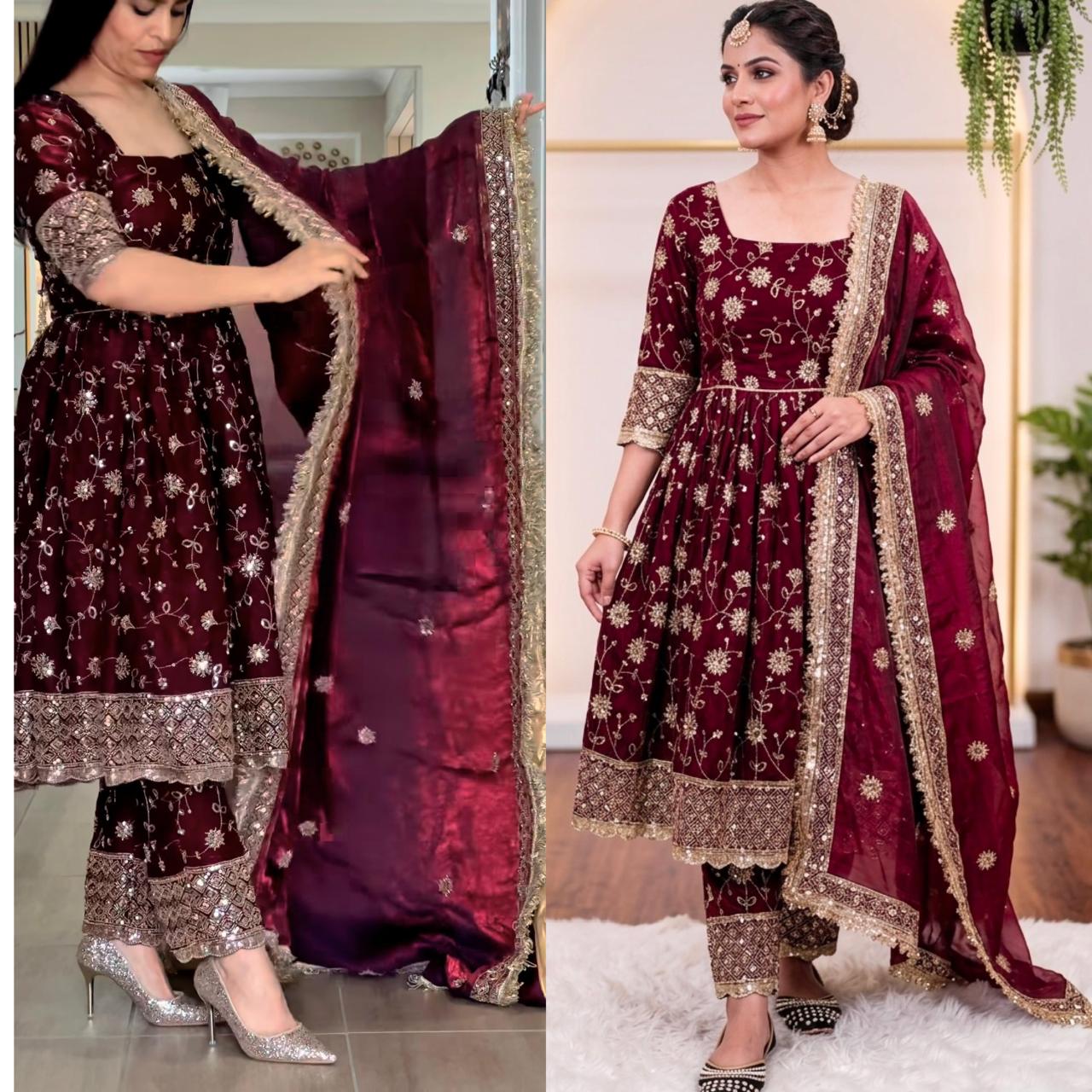 Maroon Designer Party Wear Gown, Pant and Dupatta Set