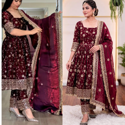 Maroon Designer Party Wear Gown, Pant and Dupatta Set