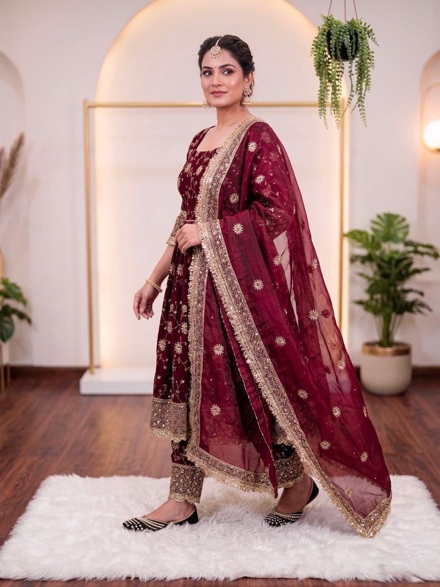 Maroon Designer Party Wear Gown, Pant and Dupatta Set