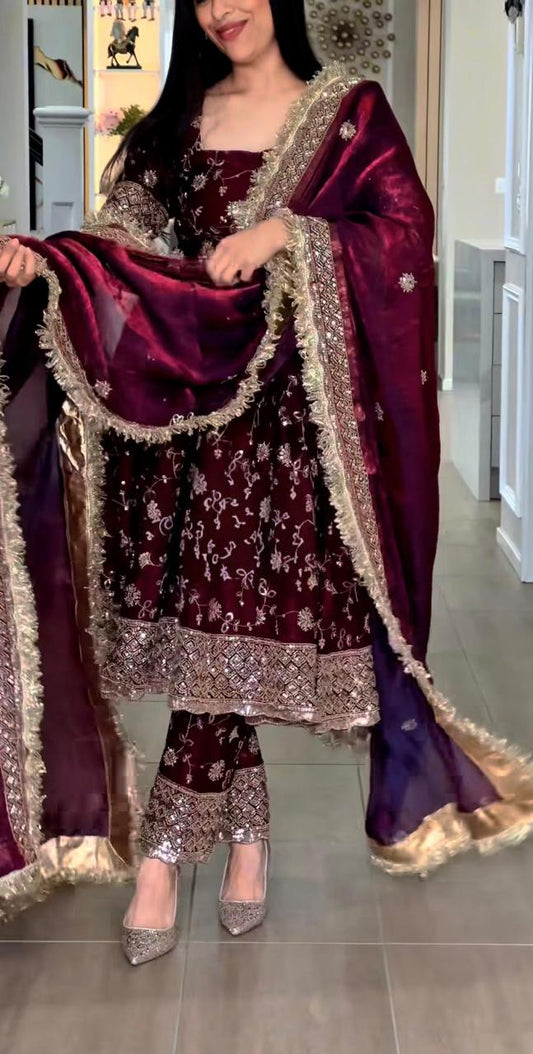 Maroon Designer Party Wear Gown, Pant and Dupatta Set