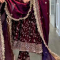 Maroon Designer Party Wear Gown, Pant and Dupatta Set