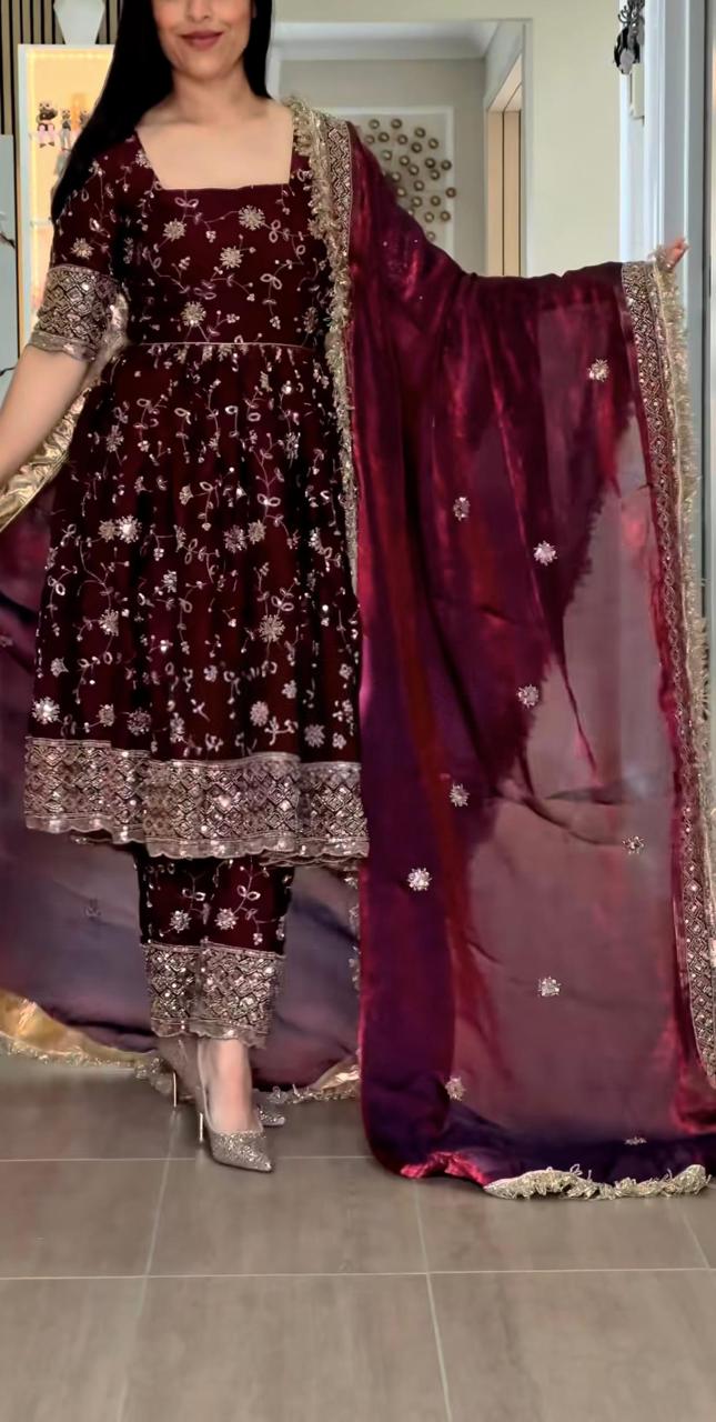 Maroon Designer Party Wear Gown, Pant and Dupatta Set