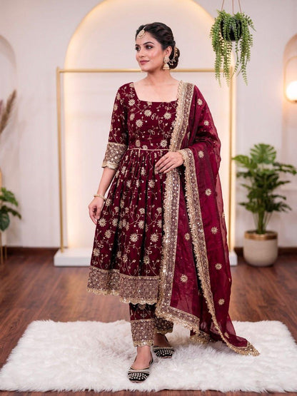 Maroon Designer Party Wear Gown, Pant and Dupatta Set
