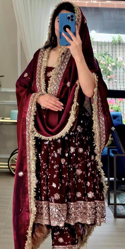 Maroon Designer Party Wear Gown, Pant and Dupatta Set