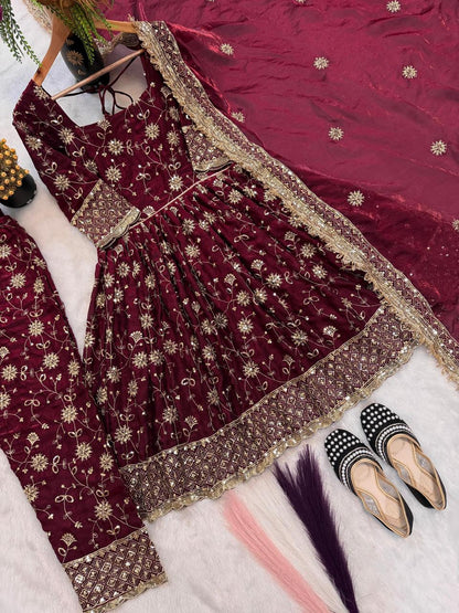 Maroon Designer Party Wear Gown, Pant and Dupatta Set