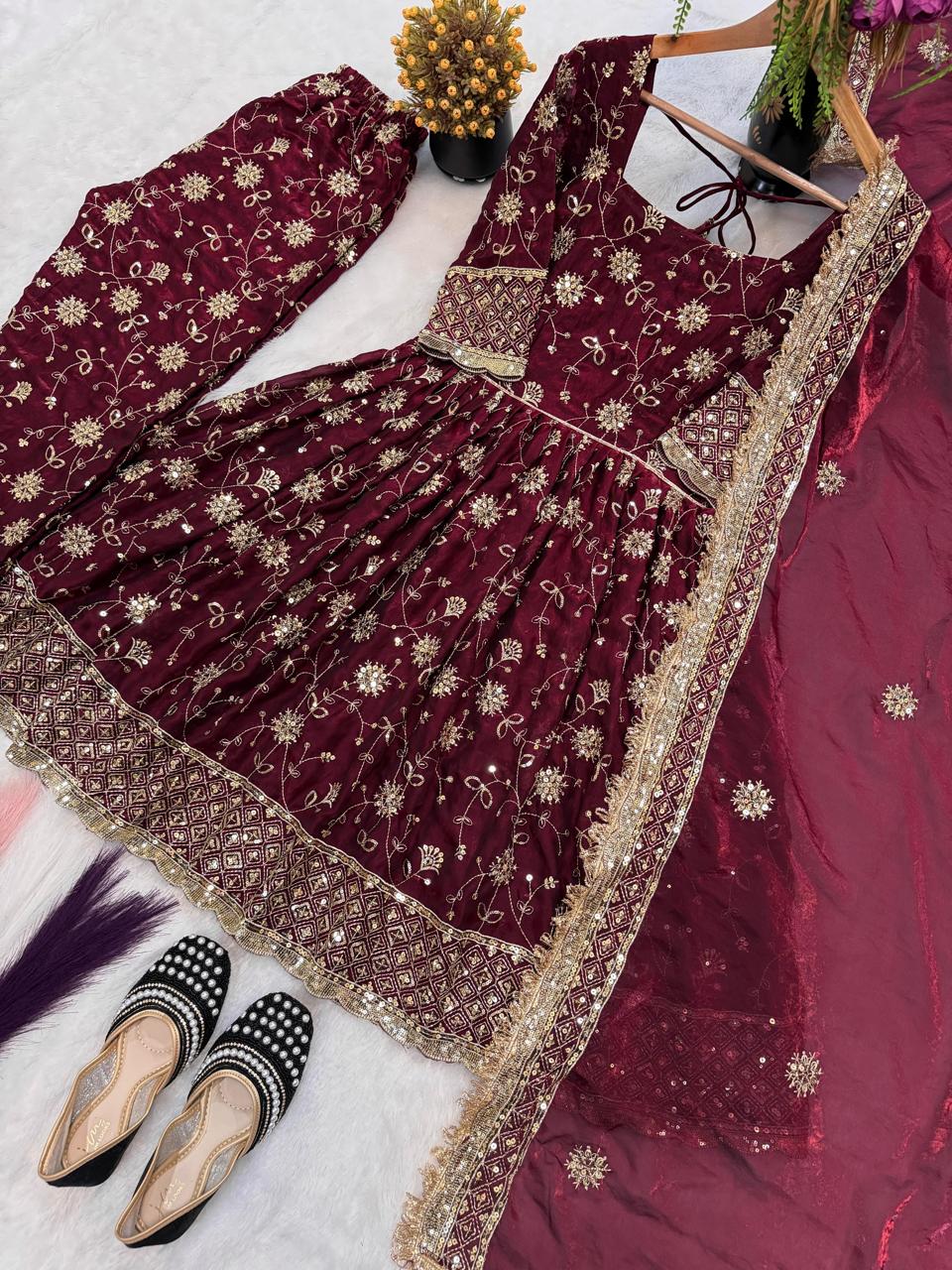 Maroon Designer Party Wear Gown, Pant and Dupatta Set