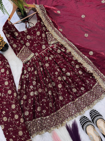 Maroon Designer Party Wear Gown, Pant and Dupatta Set