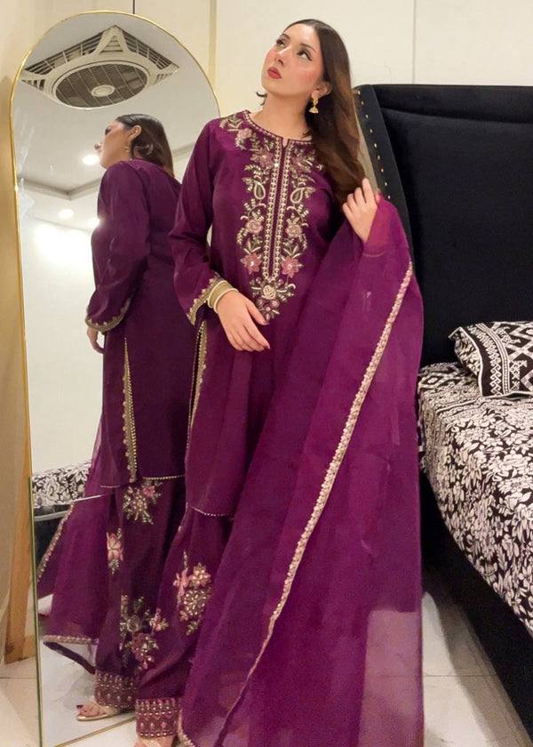 Wine Elara French Crepe Farshi Salwar Suit Set