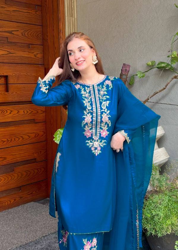 Blue Elara French Crepe Farshi Salwar Suit Set