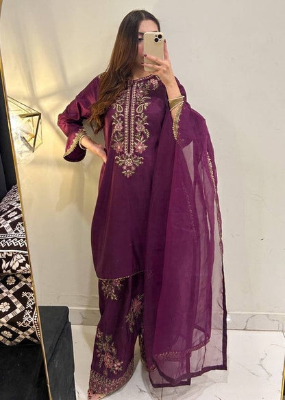 Wine Elara French Crepe Farshi Salwar Suit Set