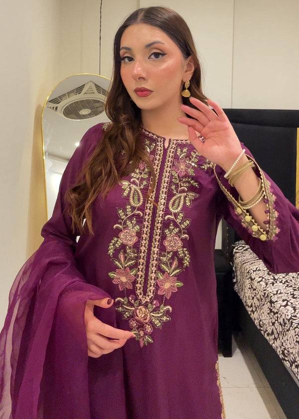 Wine Elara French Crepe Farshi Salwar Suit Set