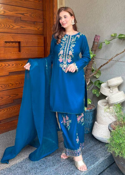 Blue Elara French Crepe Farshi Salwar Suit Set