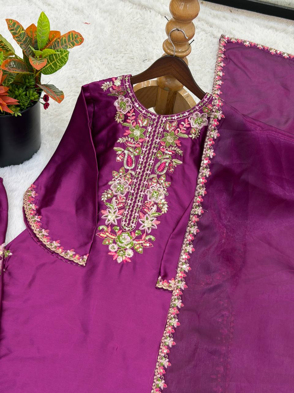 Wine Elara French Crepe Farshi Salwar Suit Set