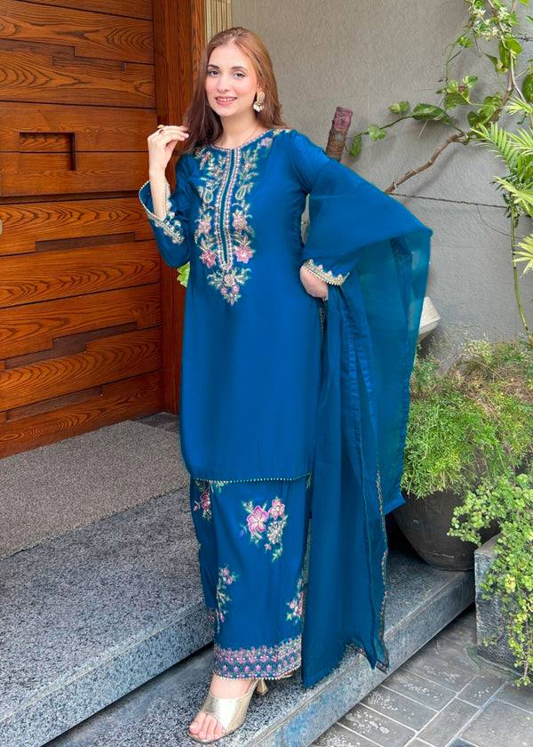 Blue Elara French Crepe Farshi Salwar Suit Set