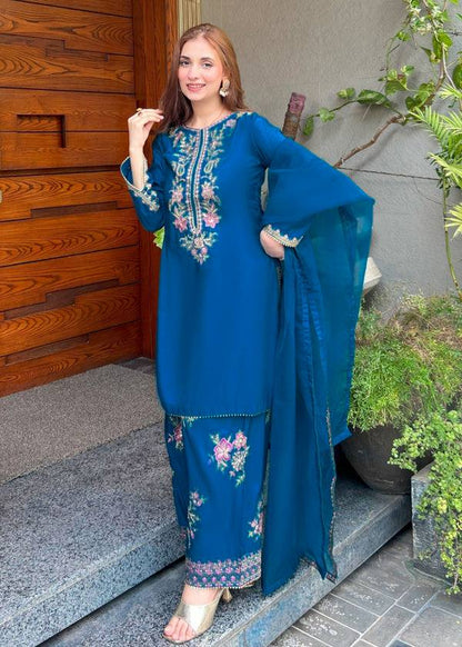 Blue Elara French Crepe Farshi Salwar Suit Set