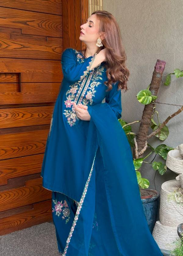 Blue Elara French Crepe Farshi Salwar Suit Set
