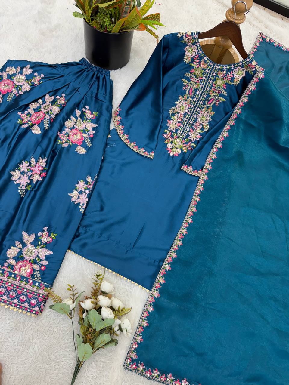 Blue Elara French Crepe Farshi Salwar Suit Set