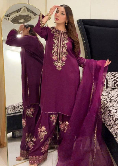 Wine Elara French Crepe Farshi Salwar Suit Set