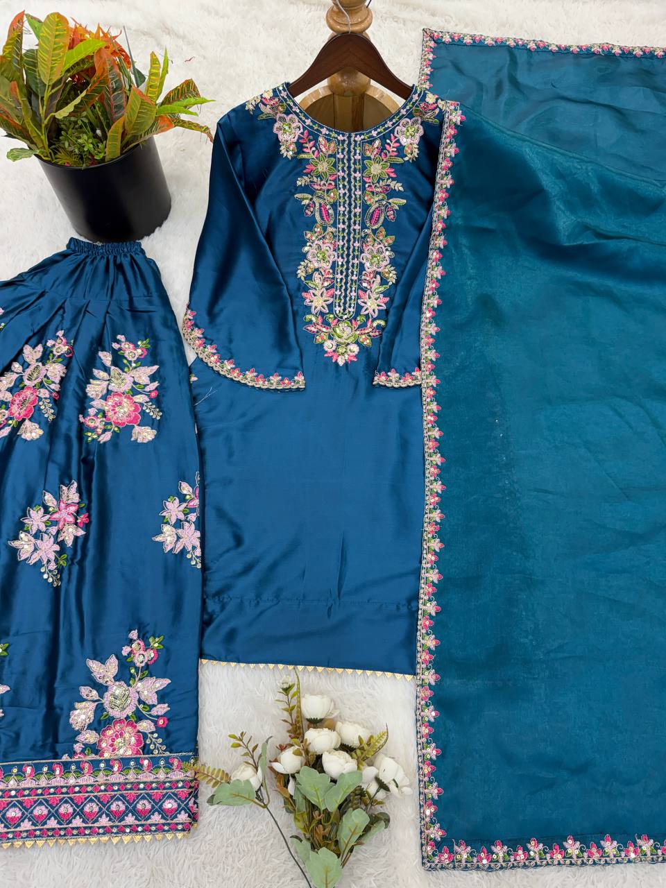 Blue Elara French Crepe Farshi Salwar Suit Set
