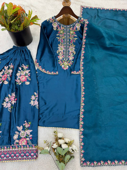Blue Elara French Crepe Farshi Salwar Suit Set