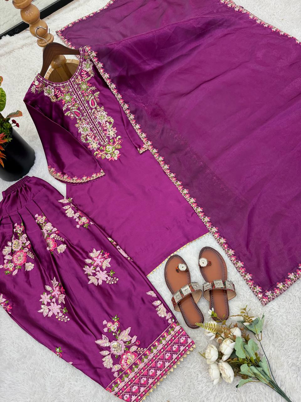 Wine Elara French Crepe Farshi Salwar Suit Set