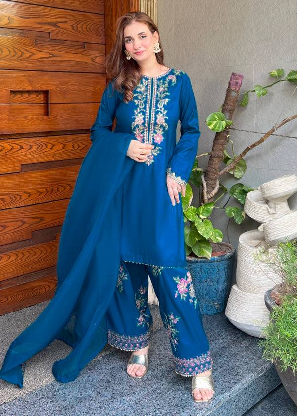 Blue Elara French Crepe Farshi Salwar Suit Set