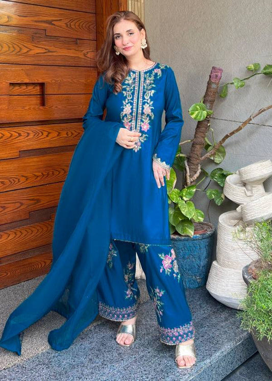 Blue Elara French Crepe Farshi Salwar Suit Set