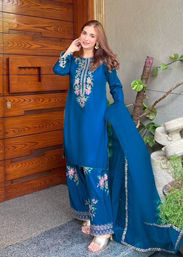 Blue Elara French Crepe Farshi Salwar Suit Set