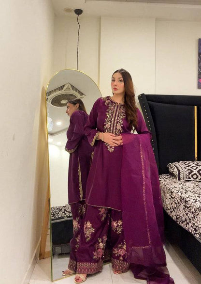 Wine Elara French Crepe Farshi Salwar Suit Set