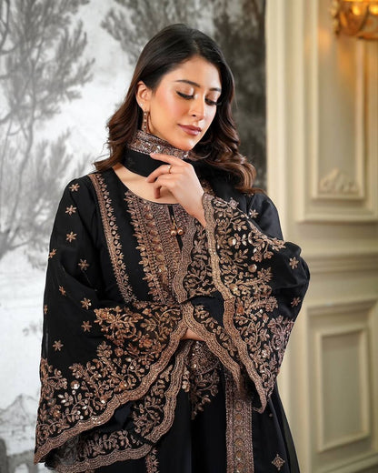 Black Classic Silk Embroidery & Sequins Work Fully Stitched Salwar Suit Set