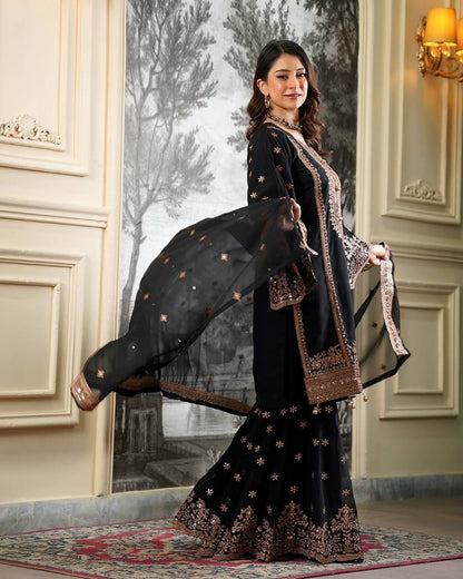 Black Classic Silk Embroidery & Sequins Work Fully Stitched Salwar Suit Set