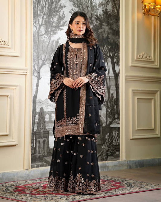 Black Classic Silk Embroidery & Sequins Work Fully Stitched Salwar Suit Set