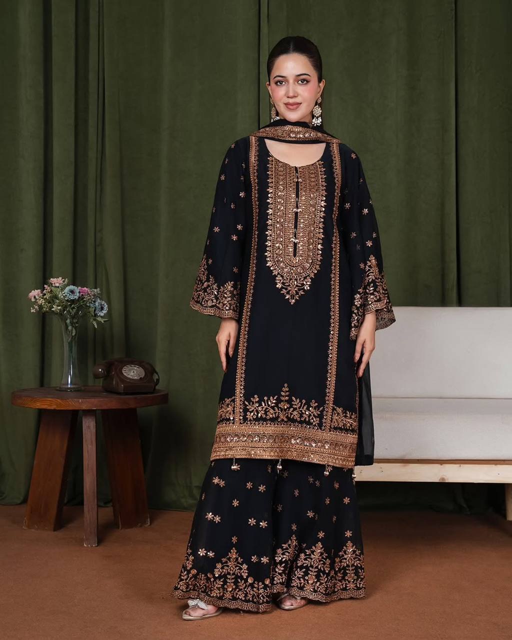 Black Classic Silk Embroidery & Sequins Work Fully Stitched Salwar Suit Set