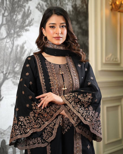 Black Classic Silk Embroidery & Sequins Work Fully Stitched Salwar Suit Set