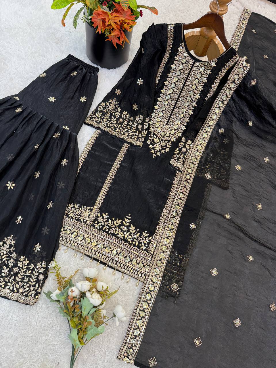 Black Classic Silk Embroidery & Sequins Work Fully Stitched Salwar Suit Set
