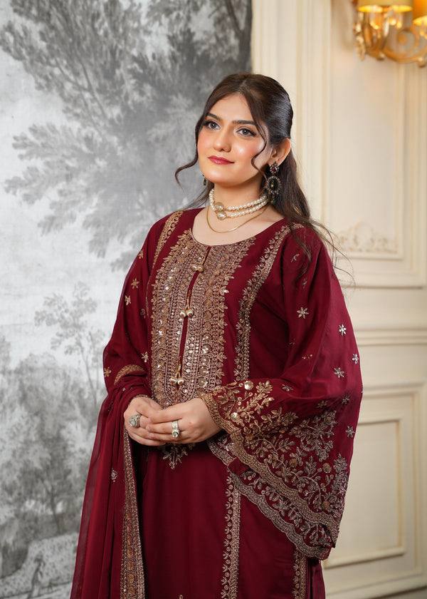 Maroon Party Wear Silk Embroidery & Sequins Work Fully Stitched Salwar Suit Set