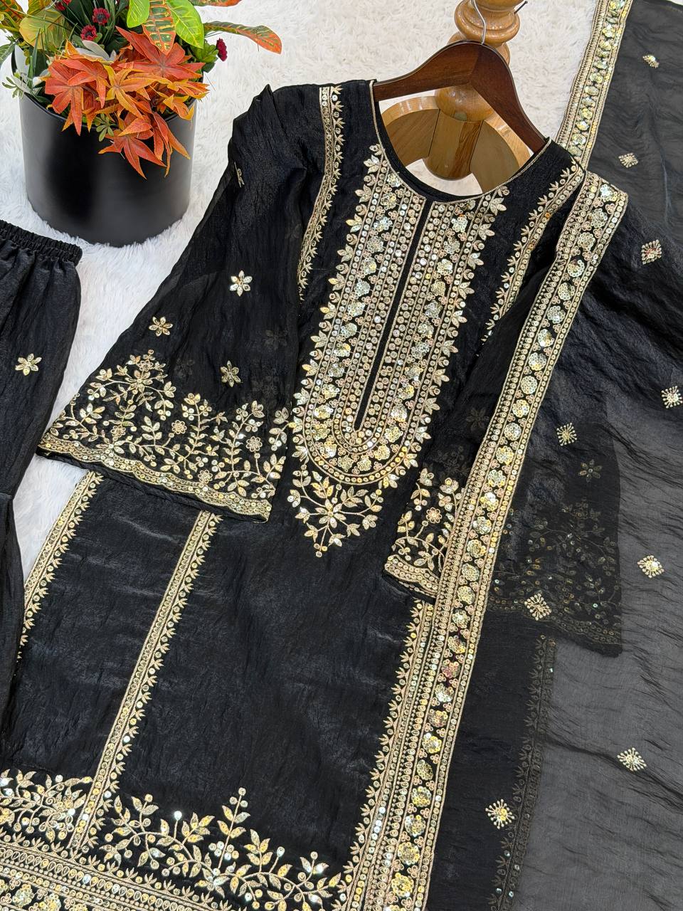 Black Classic Silk Embroidery & Sequins Work Fully Stitched Salwar Suit Set