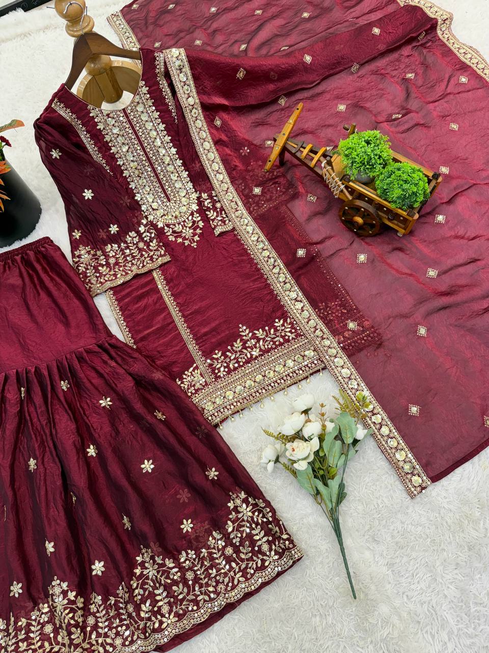 Maroon Party Wear Silk Embroidery & Sequins Work Fully Stitched Salwar Suit Set