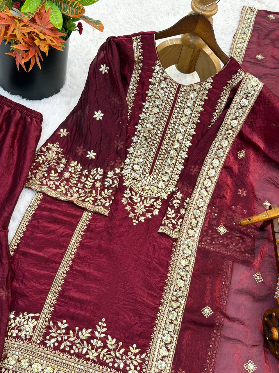 Maroon Party Wear Silk Embroidery & Sequins Work Fully Stitched Salwar Suit Set