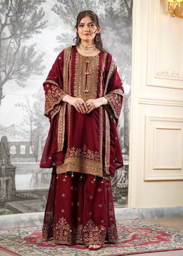 Maroon Party Wear Silk Embroidery & Sequins Work Fully Stitched Salwar Suit Set