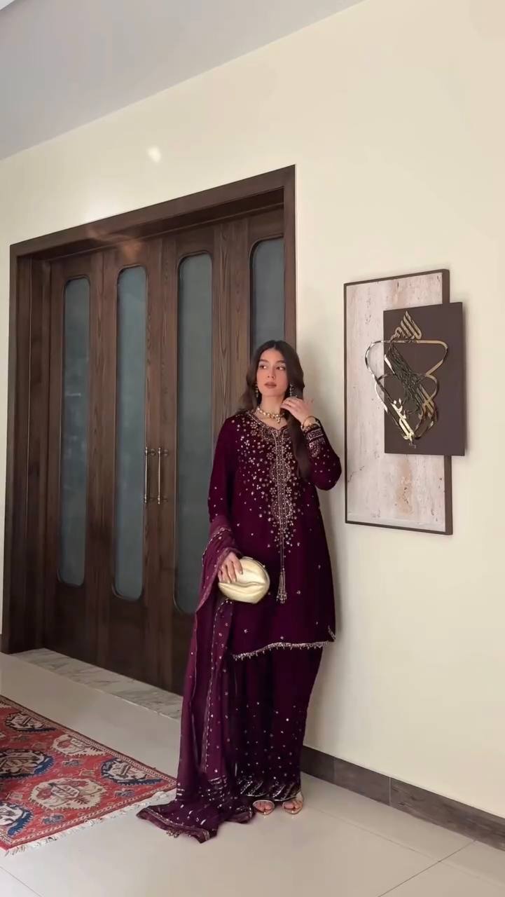 Party Wear Premium Silk Embroidered 3-Piece Wine Color Set
