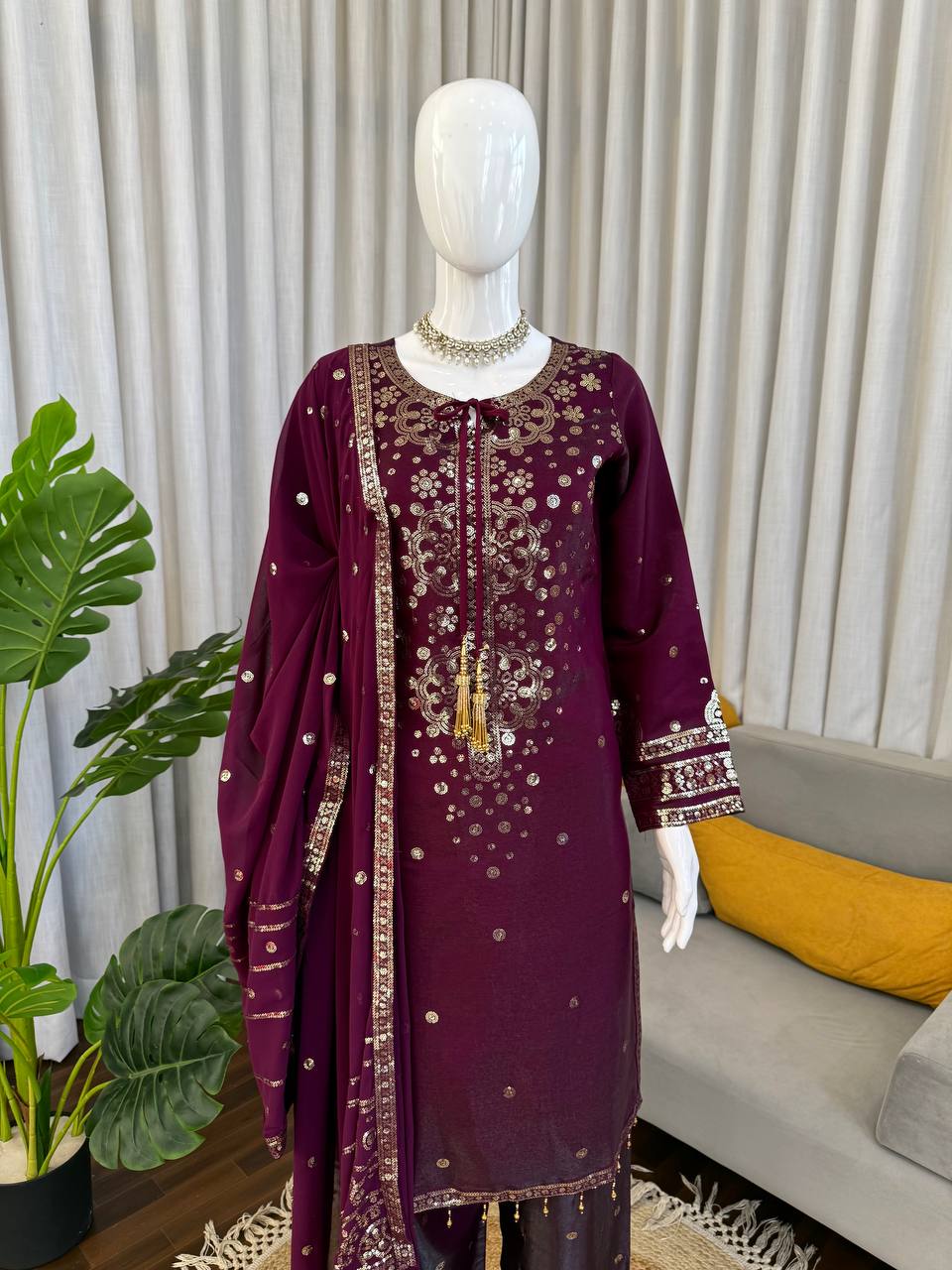 Party Wear Premium Silk Embroidered 3-Piece Wine Color Set