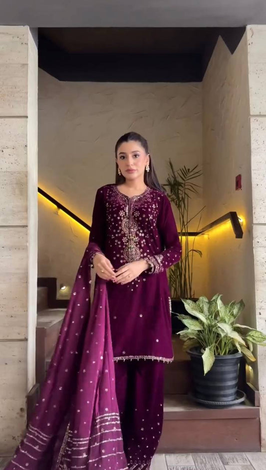 Party Wear Premium Silk Embroidered 3-Piece Wine Color Set