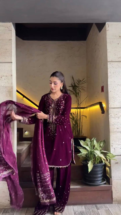 Party Wear Premium Silk Embroidered 3-Piece Wine Color Set