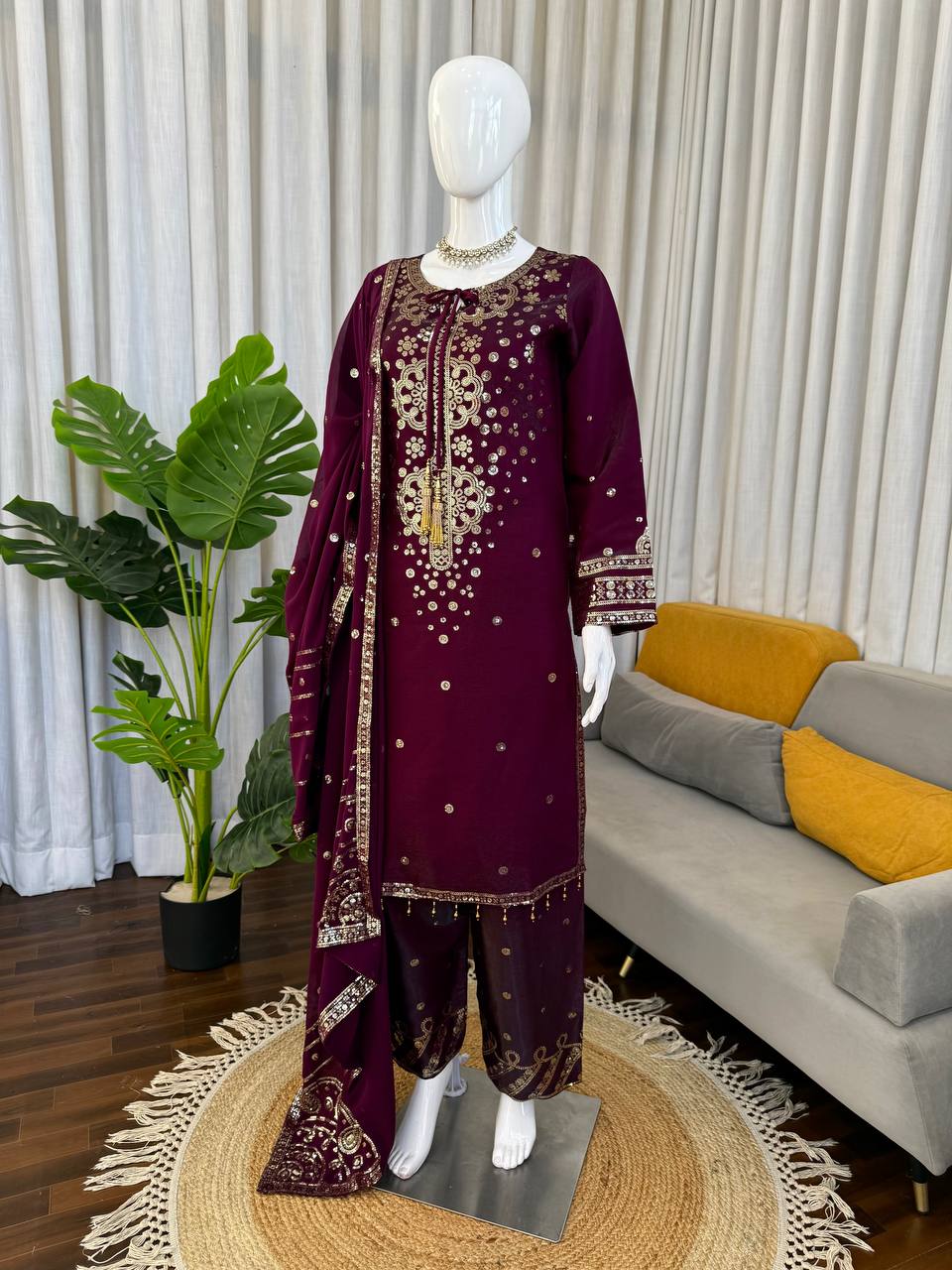 Party Wear Premium Silk Embroidered 3-Piece Wine Color Set