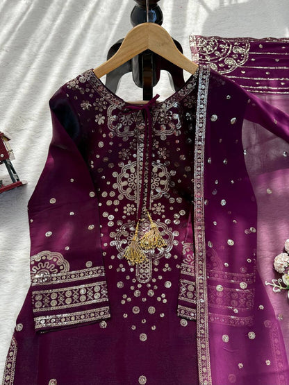 Party Wear Premium Silk Embroidered 3-Piece Wine Color Set